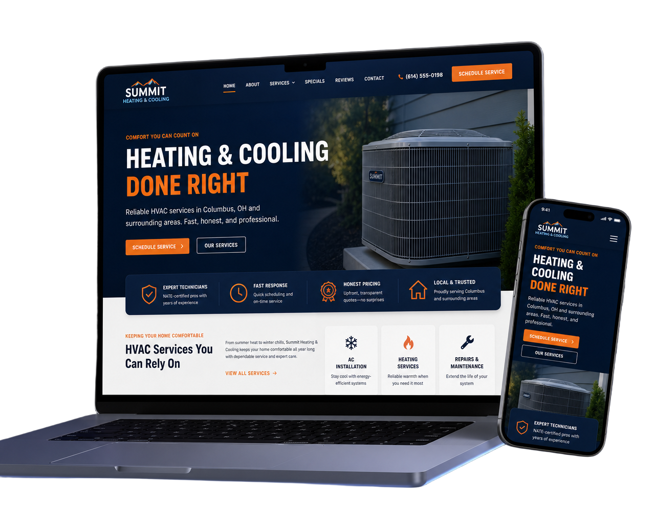 Laptop and phone showing a modern local business website designed by H&C Digital Design